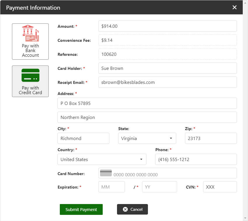 Payment Information popup showing bank-account and credit-card payment choices.