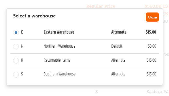 Warehouse-selection dialog showing available ship-from locations and surcharges