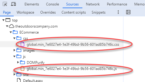 F12 Developer Tools showing dynamically generated global.js and global.css files