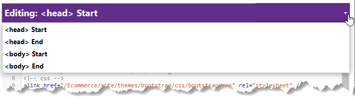 The new area drop down in the Site Scripts editor.