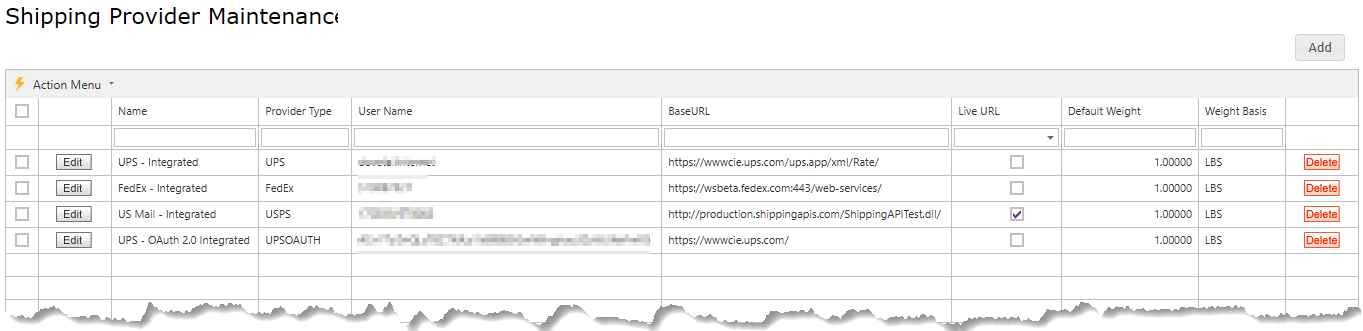 Updated Shipping Provider Maintenance screen