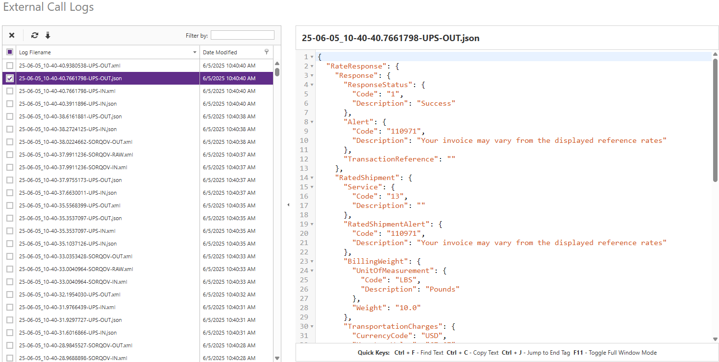 External Call Log showing a sample UPS OAuth API rating response