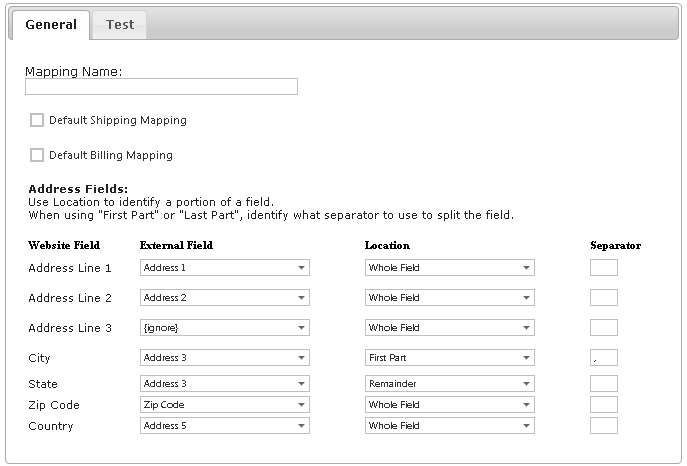 Address Mapping screen with Website Field, External Field, Location, and Separator columns.