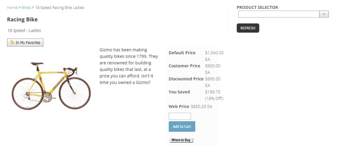 Example item detail pricing with List Price, Your Price, savings, and final web price.