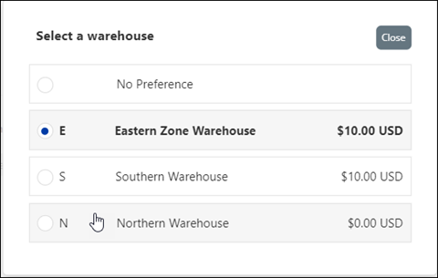 Warehouse selection window listing available ship-from warehouses and no-preference behavior.