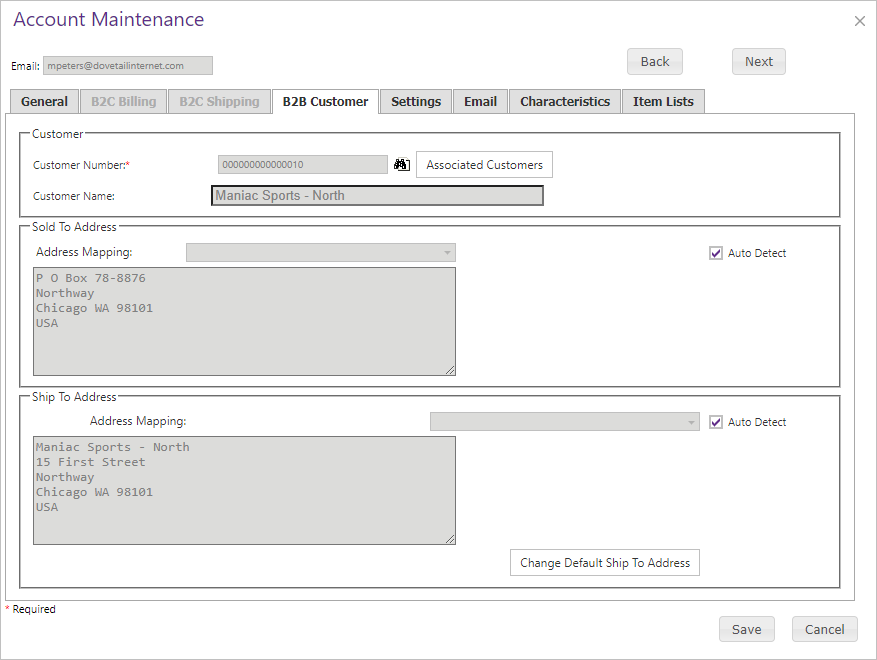 Account Maintenance B2B Customer tab.