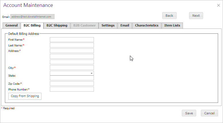 Account Maintenance B2C Billing tab.
