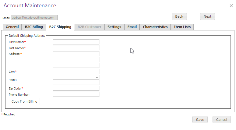 Account Maintenance B2C Shipping tab.