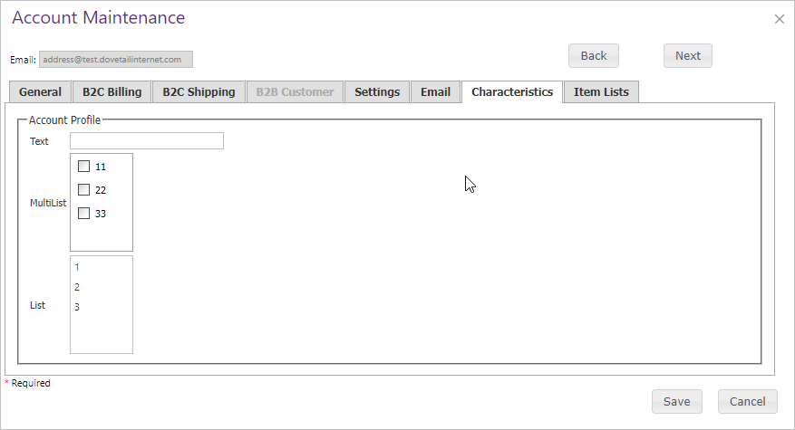 Account Maintenance Characteristics tab.