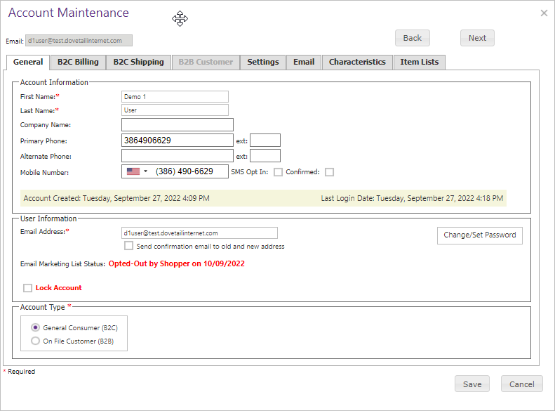Account Maintenance General tab with password and lockout controls.
