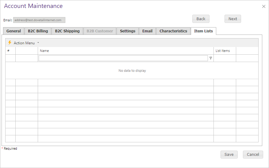 Account Maintenance Item Lists tab.