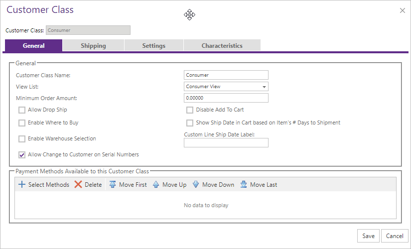 Customer Class General tab containing warehouse-selection and ordering settings.