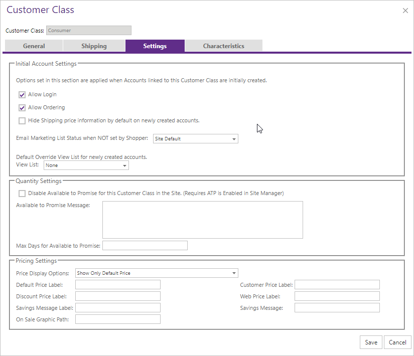 Customer Class Settings tab.