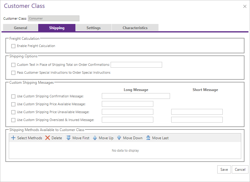 Customer Class Shipping tab.
