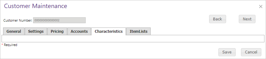 Customer Maintenance Characteristics tab.