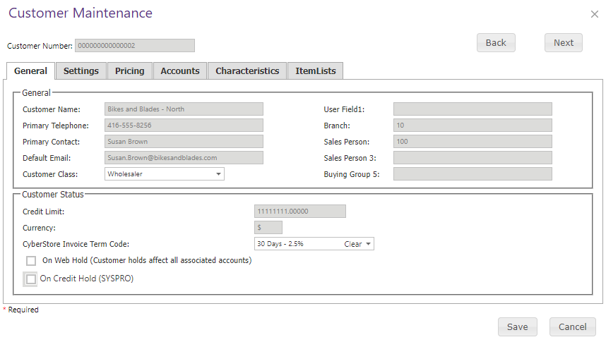 Customer Maintenance General tab.
