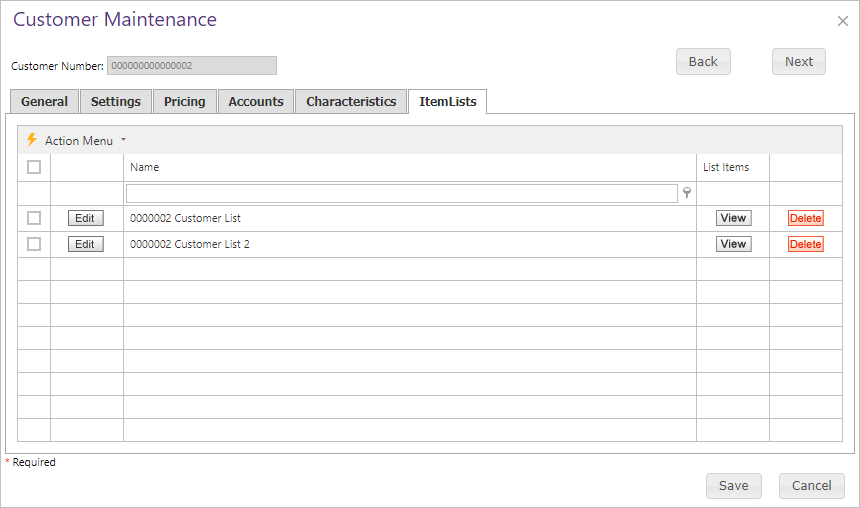 Customer Maintenance Item Lists tab.