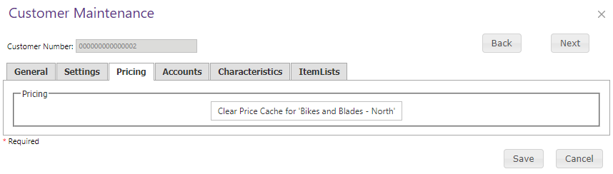 Customer Maintenance Pricing tab.