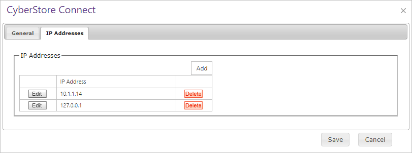 IP Addresses tab in CyberStore Connect maintenance.