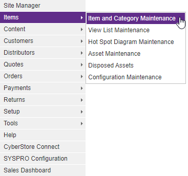 Item and Category Maintenance screen.