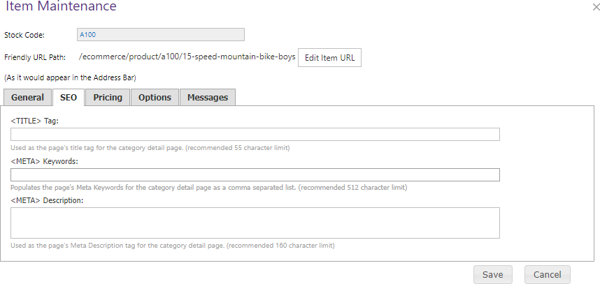Item Maintenance SEO tab.