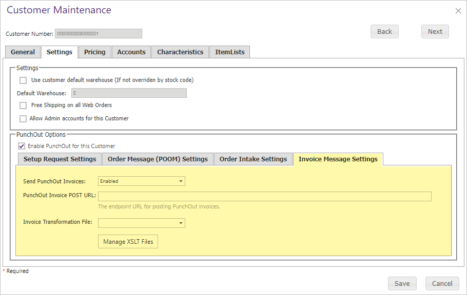 PunchOut invoice-message settings