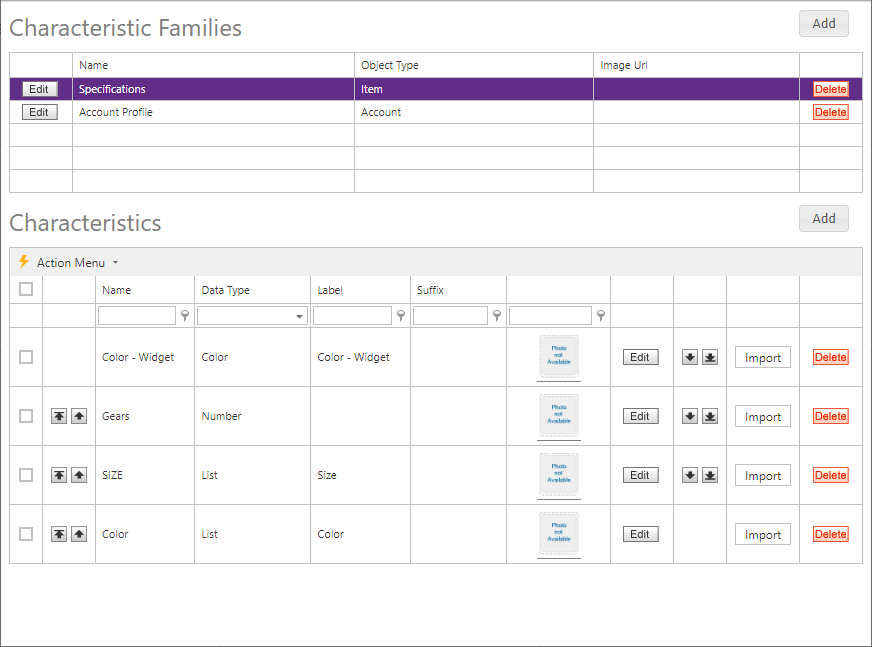 Characteristics setup