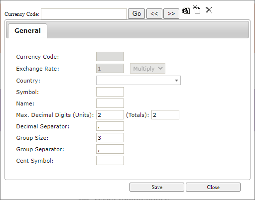 Currency General tab.