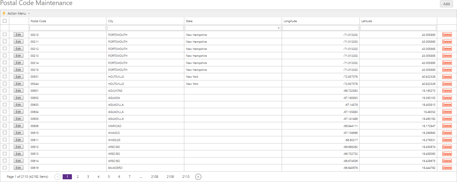 Postal Code Maintenance grid