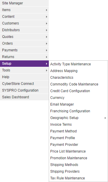 Setup menu in the Management Console.