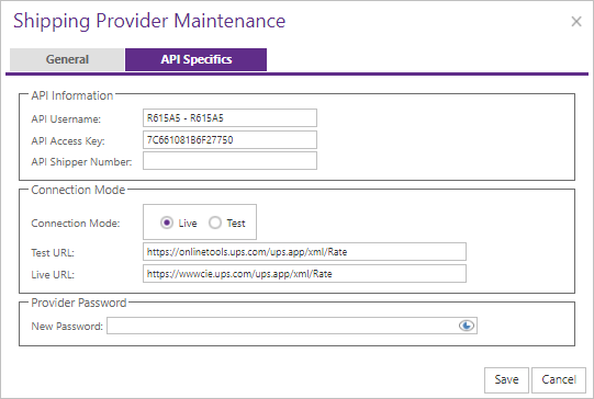 Example API Specifics tab for a legacy shipping provider.
