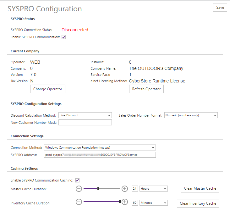 SYSPRO Configuration window.