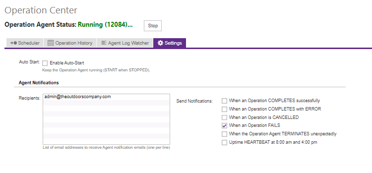 Operation Center Settings tab