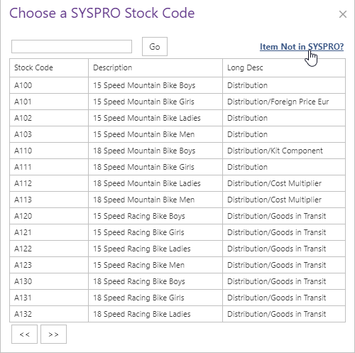 Item lookup with Item Not in SYSPRO option
