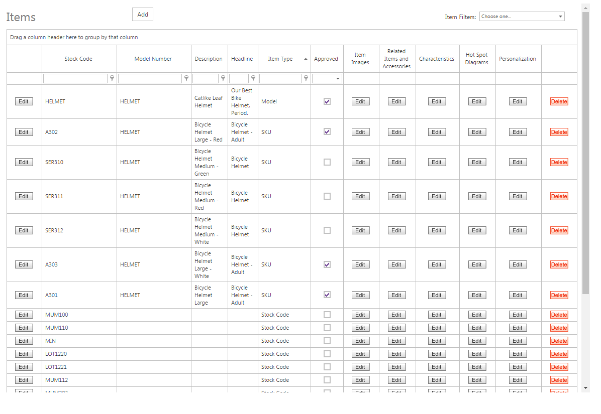 Models and SKUs in the Item grid