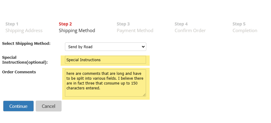 Step 2 Checkout Page with Special Instructions and Order Comments