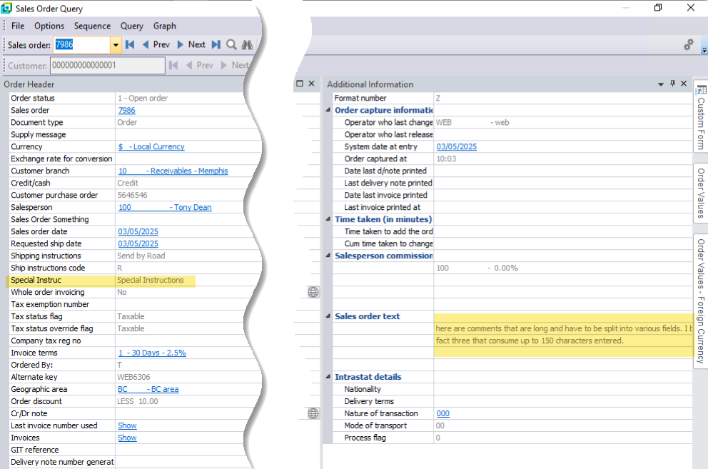 SYSPRO Sales Order Query Showing Sales Order Text and Long Comments