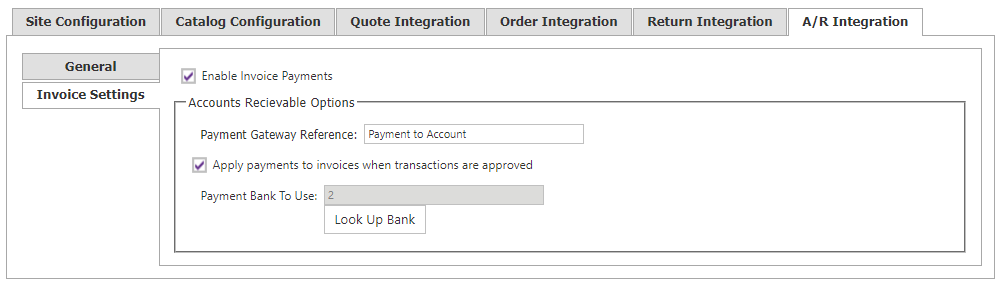 A/R Integration Invoice Settings tab.