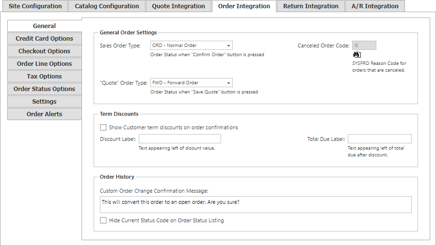 Order Integration General tab.