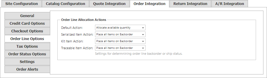 Order Integration Order Line Options tab.