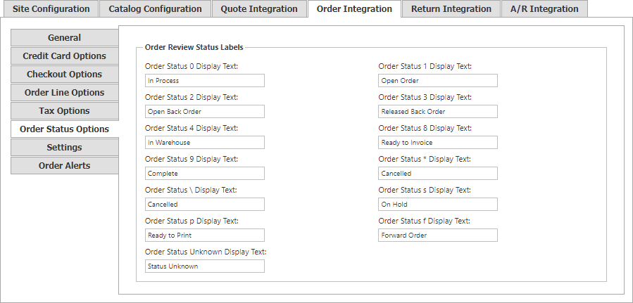 Order Integration Order Status Options tab.