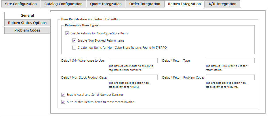 Return Integration General tab.