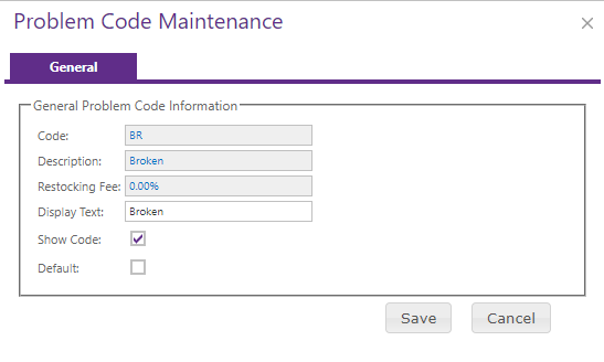 Problem Code Maintenance dialog.