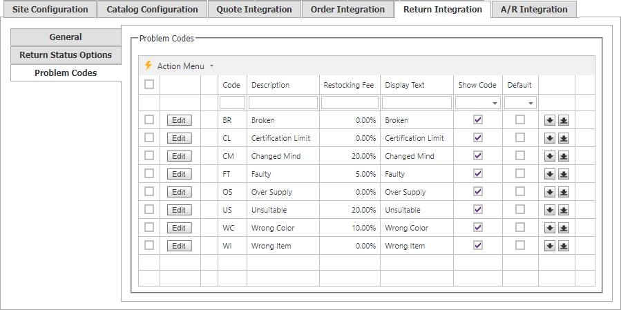 Return Integration Problem Codes tab.