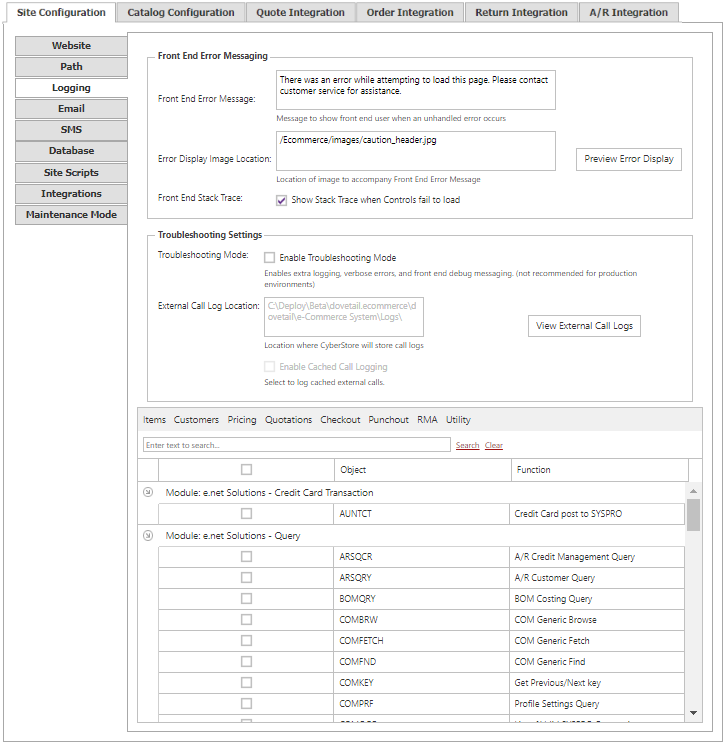 Site Configuration Logging tab.