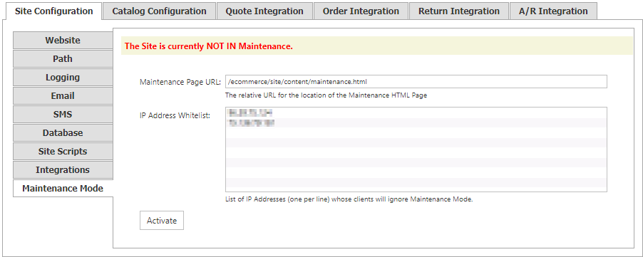 Site Configuration Maintenance Mode tab.