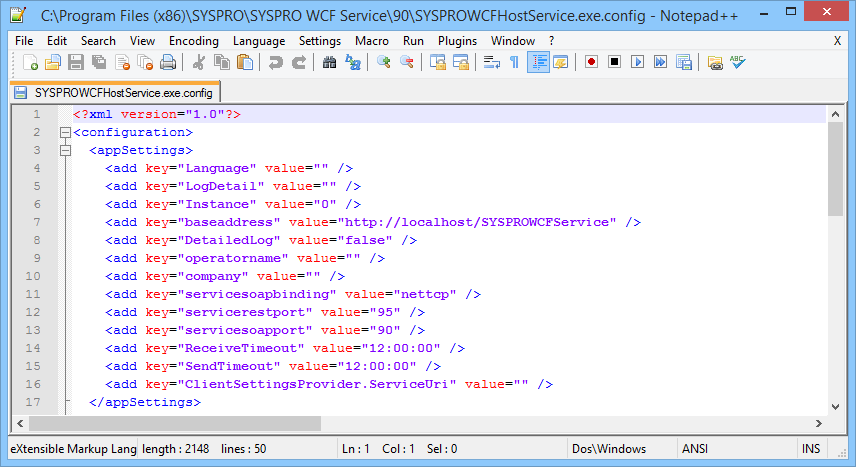 SYSPROWCFHostService.exe.config showing the connector settings.