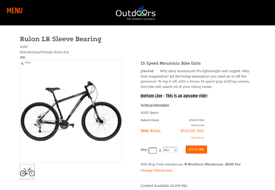 Product-detail page showing image, pricing, availability, and ship-from presentation.