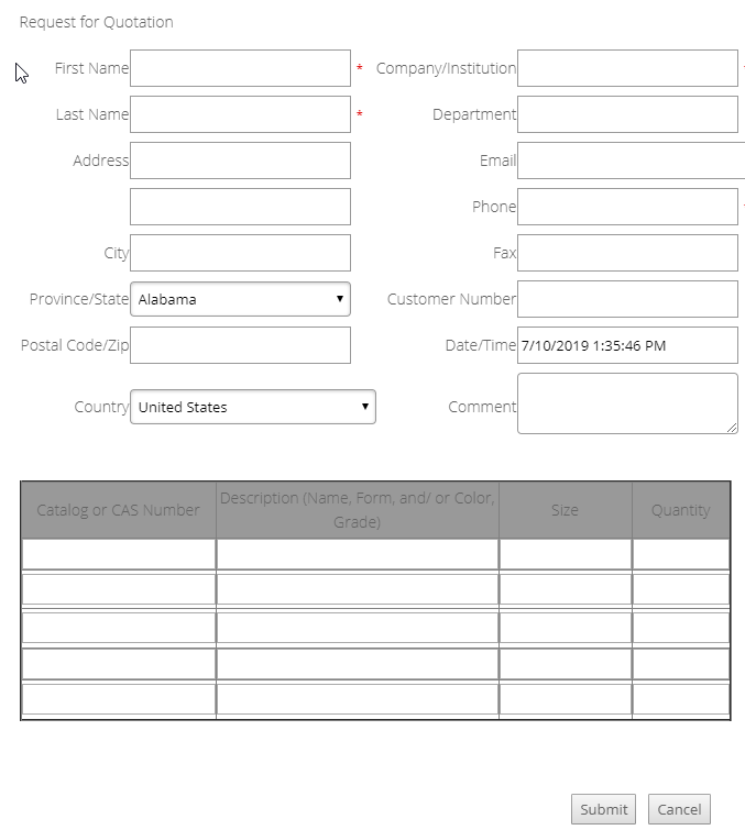 CatalogRequestQuoteControl quote request form