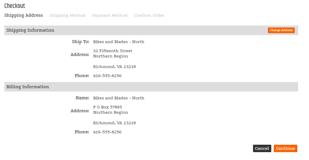 Checkout address step showing shipping and billing address sections.